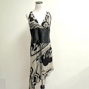 Hale Bob black silk dress halter neck sleeveless handkerchief hem obi M